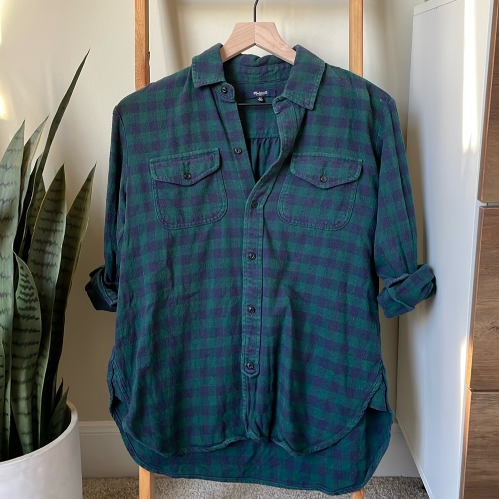 Madewell Flannel Cargo Workshirt in Navy Green Buffalo Check
